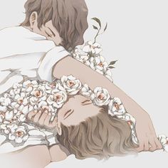 a drawing of a man hugging a woman with flowers in her hair and she is wearing a white shirt