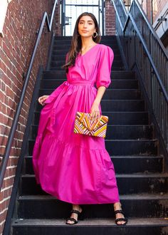 Fuschia Dress Outfit Casual, Dreamy Cottagecore, Fuschia Dress, Bright Winter, Fall Clothing, Cottagecore Aesthetic, Poplin Dress, Puffed Sleeves Dress, Sleeve Detail