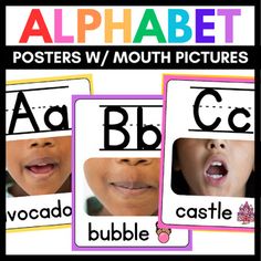 three posters with pictures of children's mouths and the words alphabet written below them