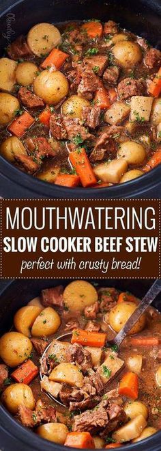 two slow cooker beef stews in the crock pot with text overlay