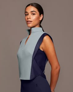 Designer's Notes PREORDER - Expected to ship on August 4th. Performance-engineered top with a sleek and boxy cut to define the shoulders and narrow-in on the waist line. Features an invisible front zipper to adjust the neckline collar as desired. Features Sweat wicking Two-way stretch Exceptional breathability Perforated insert shoulder band and side panel Stand collar with invisible zipper front Made with Love in Canada Size & Fit Slim - Streamlined to hug the body Modeled in size S Model Measu Gym Outfits Shorts, Desired Features, Activewear Inspiration, Admiral Blue, Best Vitamin C Serum, Designer Activewear, Golf Dresses, Pocket Leggings