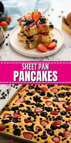 sheet pan pancakes with strawberries and blueberries in the middle on a white plate