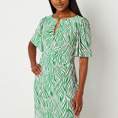 Designed in a green and pink abstract print, this women's knee-length dress from Black Label by Evan-Picone is made from a comfortable stretch-fabric that effortlessly moves the way you do. It's cut for a silhouette-hugging fit with short flutter sleeves and a front button-keyhole closure. Wear with gold-tone jewelry and heels.Features: Stretch FabricClosure Type: Pullover HeadNeckline: Keyhole NeckSleeve Length: Short SleeveSleeve Style: Flutter SleeveApparel Length: 37.5 InchesDress Length: Kn Printed Green Knee-length Mini Dress, Green Printed Knee-length Dress, Printed Knee-length Midi Dress For Work, Fitted Green Printed Dresses, Elegant Printed Green Midi Dress, Elegant Green Printed Midi Dress, Fitted Green Midi Dress, Green Fitted Knee-length Midi Dress, Green Midi Length Dresses For Work