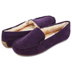 Say hello to our memory foam, faux-fur lined Moccasin Slippers! It's made to wear both indoor and outdoor with a nonslip rubber sole, great for carpets, slippery floors, and stairs. They are pretty yet durable, and slippers you can really count on! Size: medium.  Color: Purple.  Gender: female.  Age Group: adult. Purple Slippers, Faux Fur Material, Moccasins Style, Soft Slippers, Suede Slippers, Slippers For Women, Warm Slippers, Moccasins Slippers, Slipper Shoes