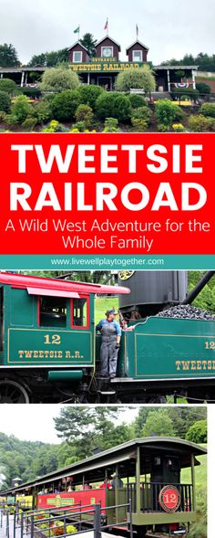 the cover of tweetsie railroad is shown with people standing on the train