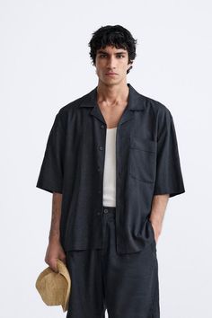 LINEN - VISCOSE SHIRT - Black | ZARA United States Summer Cotton Short Sleeve Shirt With Lapel Collar, Short Sleeve Shirt With Lapel Collar For Summer, Summer Short Sleeve Shirt With Lapel Collar, Lapel Collar Shirt With Placket For Summer, Summer Short Sleeve Shirt With Lapel Collar And Placket, Summer Shirt With Lapel Collar And Placket, Summer Shirt With Lapel Collar And Placket Detail, Summer Lapel Collar Shirt With Pockets, Summer Short Sleeve Shirt With Patch Pockets