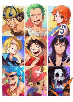 anime characters with different facial expressions and hair styles, all in various poses for the same image