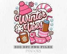 the winter vibes logo is shown in pink and white with snowflakes, mittens