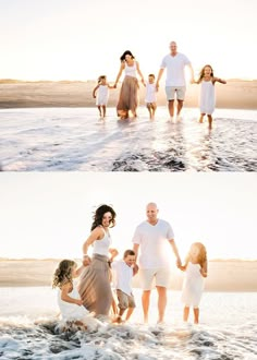 a family walking on the beach at sunset and in the water with their parents holding hands