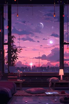 a room with a large window looking out onto the city at night and stars in the sky