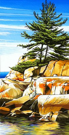 an acrylic painting of a tree on a rocky shore