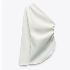 Zara Top White Zara Top, Elegant White Draped Blouse, Elegant Draped White Blouse, Elegant White Blouse With Asymmetrical Neckline, Chic White Blouse With Asymmetrical Neckline, Chic Asymmetrical Ruched Top, White Fitted Draped Blouse, White Draped Fitted Blouse, Fitted White Draped Blouse