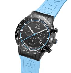 GW-34-2-24 Encased in brushed black stainless steel, this watch boasts a blue silicone strap with GLOCK lettering. Powered by a Swiss movement, it guarantees timekeeping accuracy. Enhanced by a chronograph function, hands and indices with Swiss Super-LumiNova®, and a 20 ATM water-resistance rating, it represents precision, reliability, and style. Blue Chronograph Watch With Stopwatch, Modern Blue Digital Watch With Subdials, Sports Chronograph Watch With Round Dial, Sports Watches With Chronograph, Sports Chronograph Watches, Modern Chronograph Watch With Subdials For Sports, Modern Chronograph Watch For Sports, Modern Sports Chronograph Watch With Round Dial, Blue Sporty Watch With Stopwatch