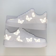 Custom Reflective Butterfly Airforce1 Shoe Color: White Or Black Shoe Butterfly Color: Reflective Or Rainbow Reflective Reflective Effect Happens When Light Hits The Image Directly Cool Sneakers For Men And Women Please Allow 5-7 Business Days For Delivery You Can Also Purchase These Kicks For Cheaper On My Second Platform Go Head Check Out The Link In The Bio:) By Clicking The Button Abou Luxury Nike Air Force 1 For Men, Custom Shoes Nike Air Force Butterfly, Butterfly Nike Air Force, Butterfly Air Jordans, Nike Air Force 1 Reflective, Nike Air Force 1 White With Translucent Outsole, White Nike Air Force 1 With Translucent Outsole, Nike Air Force 1 With Translucent Outsole For Sports, White High-top Nike Air Force 1 With Translucent Outsole