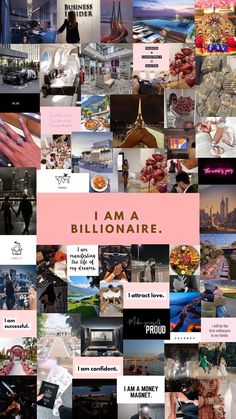 i am a billionaire collage in pink and white with images of people around the world