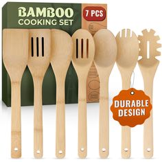 bamboo cooking set with wooden spoons and spatulas in front of the package