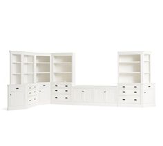 a white bookcase with two open shelves and drawers on each side, in front of a white background