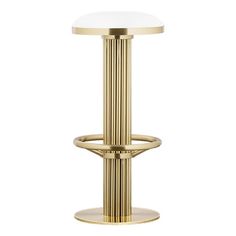 an image of a gold and white bar stool with round glass top on the bottom