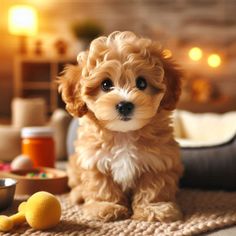 a small brown dog sitting on top of a rug next to a bowl of food