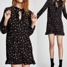 Nwt Zara Size Xs Long Sleeve Dress. Black With Red And White Florals All Over Can Be Vneck Or It Has Velvet Toes To Tie The Top Closed Like In The Model Picture. Hems Has Ruffles As Does The Collar. Excellent Condition Measures 18 Pit/Pit 31 Shoulder/Hem Black Ruffled Dresses For Fall, Black Long Sleeve Mini Dress With Ruffle Hem, Zara Black Floral Print Mini Dress, Black Floral Print Dress By Zara, Zara Black Dresses With Floral Print, Zara Ruffled Dresses For Fall, Zara Ruffle Dresses For Fall, Zara Fall Dresses With Ruffles, Zara Black Floral Print Dress