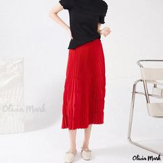 Olivia Mark - Red High-Waisted Pleated Midi Skirt with Elegant Folds Long Pleated Skirt, Red Midi Skirt, Long Sleeve Bandage Dress, Red Midi, Pleated Long Skirt, Pleated Maxi Skirt, Red High, Casual Design, Pleated Midi Skirt