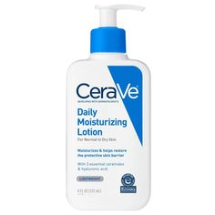 Developed with dermatologists, CeraVe Daily Moisturizing Lotion for Face and Body has a unique, lightweight formula that provides 24-hour hydration and helps restore the protective skin barrier with three essential ceramides (1,3,6-II). The formula also contains hyaluronic acid to help retain skin's natural moisture.The daily moisturizing lotion utilizes patented MVE controlled-release technology to help replenish ceramides and deliver long lasting moisturization. #1 Dermatologist Recommended Mo Cerave Daily Moisturizing Lotion, Cerave Moisturizer, Cerave Moisturizing Lotion, Dry Skin Body Lotion, Daily Moisturizing Lotion, Lotion For Dry Skin, Oil Free Moisturizers, Moisturizing Lotion, Face Lotion