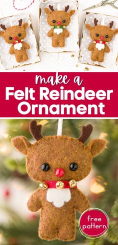 the reindeer ornament is made with felt and has been hung on a christmas tree