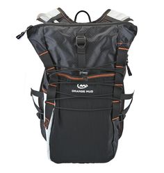 a black and orange backpack on a white background