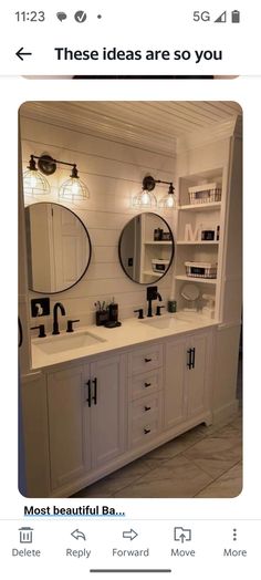 the bathroom is decorated in white and has two sinks, mirrors, and shelving unit