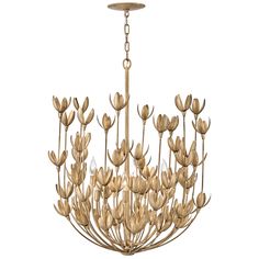 a gold chandelier with flowers hanging from it's center point, on a white background