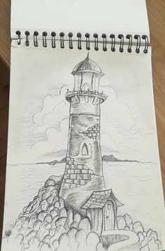 a drawing of a lighthouse on top of a hill