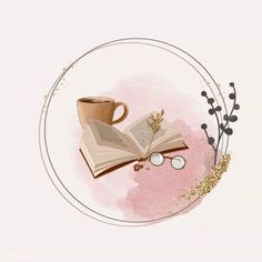 an open book and coffee cup sitting on top of a pink background with gold flecks