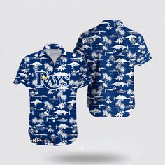 the tampa rays blue hawaiian shirt with palm trees on it