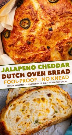 there is a loaf of bread with cheese on it and an advertisement for jalapeno cheddar dutch oven bread