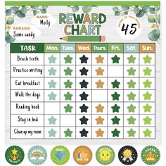 reward chart for kids with green leaves and stars on the front, in white background