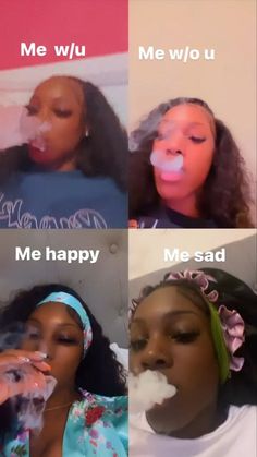 four different pictures with the same woman blowing bubbles on her nose and making funny faces