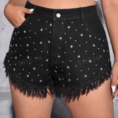 Shein Black Denim Shorts Star And Rhinestone Studded New Without Tags Never Worn Black Star Print Bottoms For Night Out, Trendy Black Jeans With Star Print, Trendy Black Bottoms With Star Print, Shein Shorts, Shein Icon, Rhinestone Studs, Black Denim Shorts, Black Denim, Jean Shorts