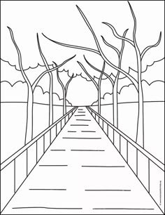 a black and white line drawing of a walkway leading to trees with no leaves on them