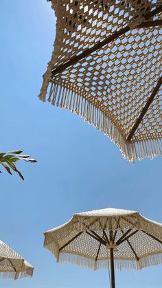 several white umbrellas sitting next to each other under a blue sky