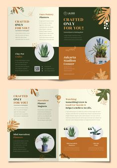 two fold brochure templates with plants on them, one is green and the other is orange