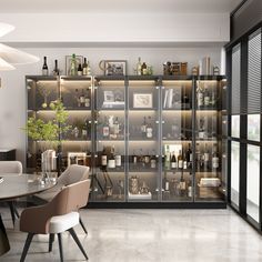 a dining room filled with lots of furniture and glass shelves full of bottles on top of them