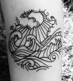 a black and white photo of an ocean wave tattoo on the left arm, with clouds in the background