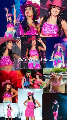 a collage of photos with different women in pink dresses and cowboy hats on them