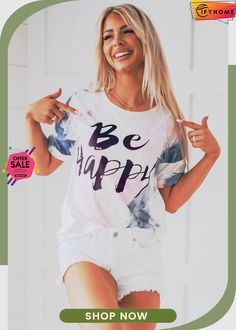 White Be Happy Tie-dye Print T-shirt Printed Sleeves, Tie Dye Print, Olivia Mark, Be Happy, Color Matching, Wardrobe Essentials, Breathable Fabric, Casual Looks, Sleeve Styles