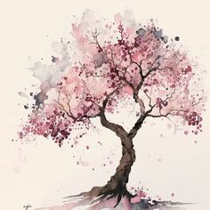 a watercolor painting of a tree with pink flowers