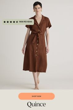 This midi linen dress should be in every wardrobe. Made from 100% organic linen and designed to be versatile, with elegant buttons down the front, and two pockets at the waist, and adjustable removable belt for the perfect fit.  | Quince | Women's Short Sleeve Dress in Chocolate, Size Large, Linen Chic Linen Button-up Dress, Chic Linen Shirt Dress With Buttons, Fitted Button-up Linen Dress, Relaxed Fit Linen Dress With Button Closure For Work, Fitted Linen Dress With Button Closure, Summer Midi Dress With Buttoned Pockets, Linen Button-up Midi Dress, Button-up Linen Midi Dress, Fitted Linen Button-up Midi Dress