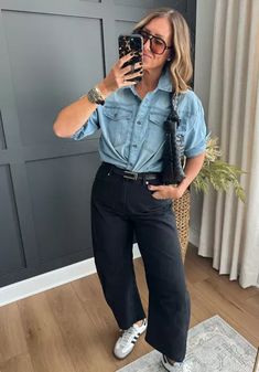 Barrel jeans are not for everyone but I have been loving them. Paired with a denim short, retro aviators and sambas and you have an easy everyday outfit. Brown Sneakers, Jeans Outfit, Everyday Outfit, Denim Short, How To Style, Denim Shirt, Jean Outfits