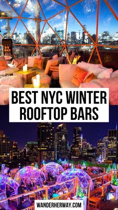 the rooftop bar is lit up with colorful lights