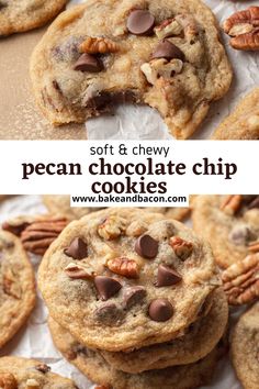 soft and chewy pecan chocolate chip cookies are stacked on top of each other