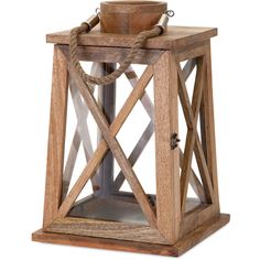 an old wooden lantern with rope hanging from the top and bottom, on a white background